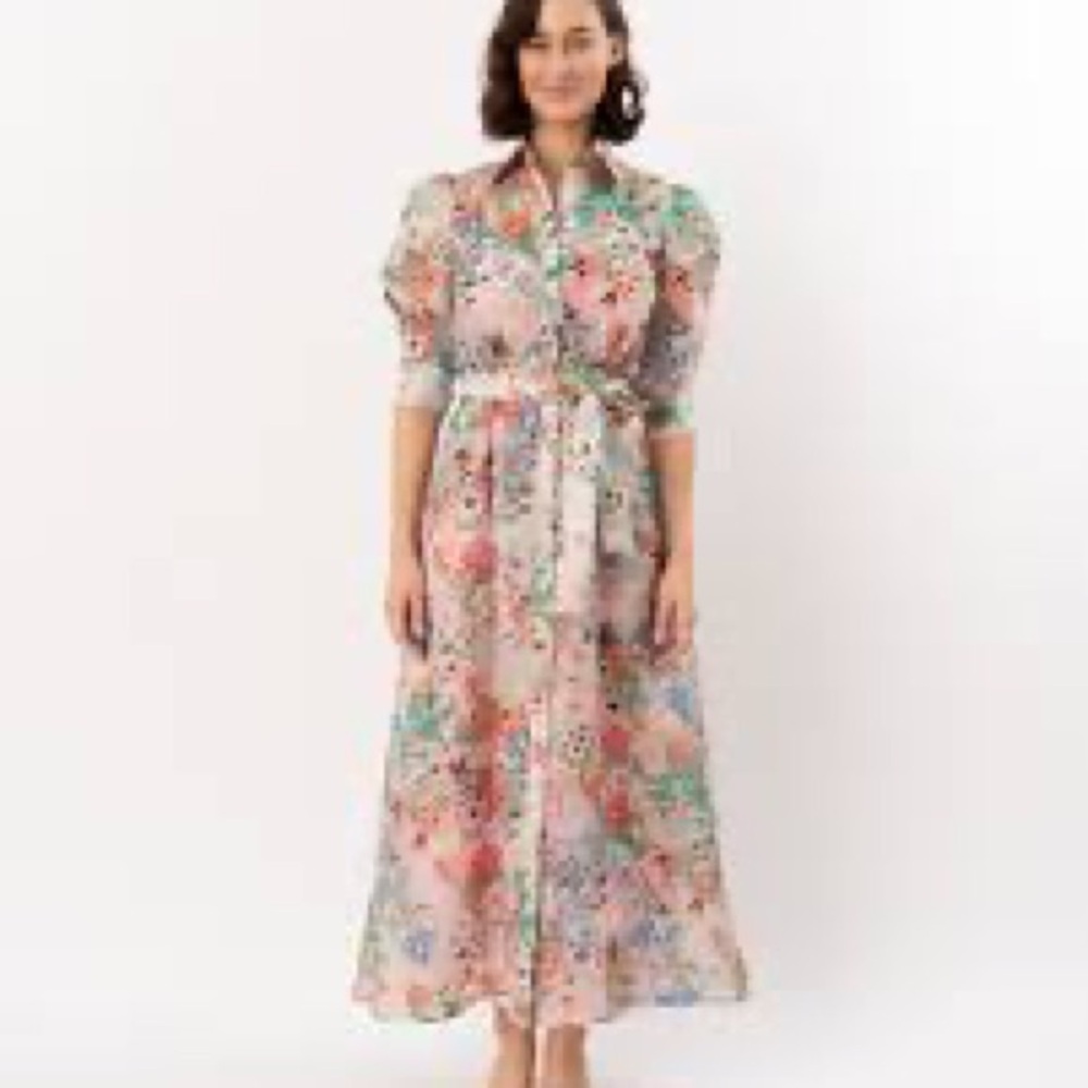 NWT La Fuori Floral Puff-Sleeve Shirt Dress with Waist Tie - Pink Multi Small